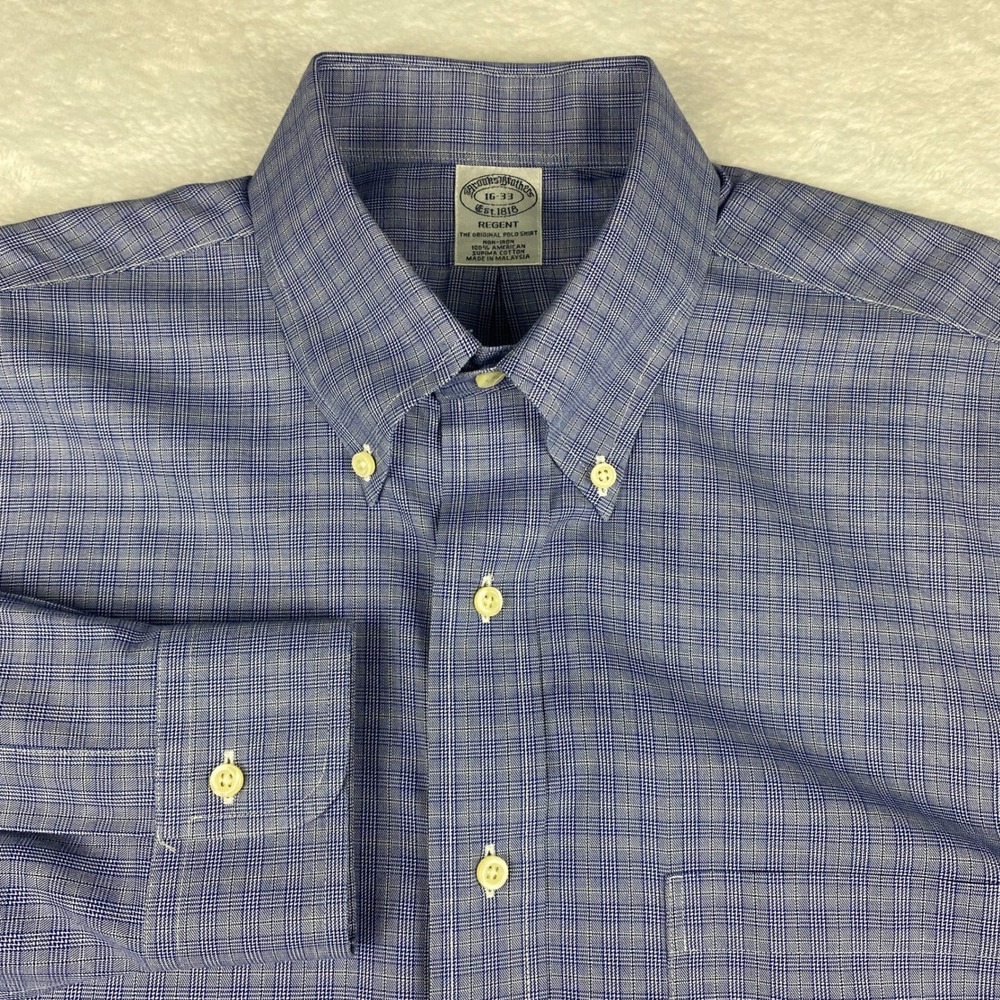 Brooks Brothers Regent Dress Shirt Blue Glen Plaid Non-Iron Supima Cotton 16-33